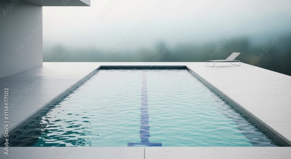 Fototapeta premium Modern Minimalist Swimming Pool with Misty Landscape Background.