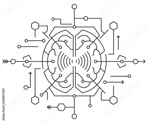 Futuristic circuit brain line art, digital neural network illustration, abstract artificial intelligence concept on white background