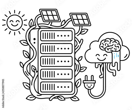 Green technology line art, sustainable data center with solar panels and cloud computing, eco-friendly AI server illustration