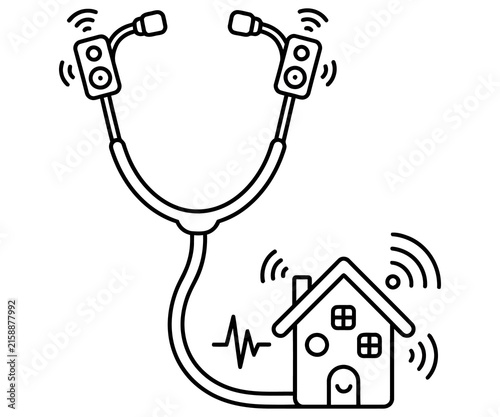 Minimalist stethoscope house icon, smart home health monitoring concept, digital property diagnostic tool, black and white line art
