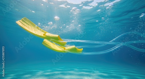 Underwater view of a yellow jellyfish with long tentacles drifting in clear blue ocean water.