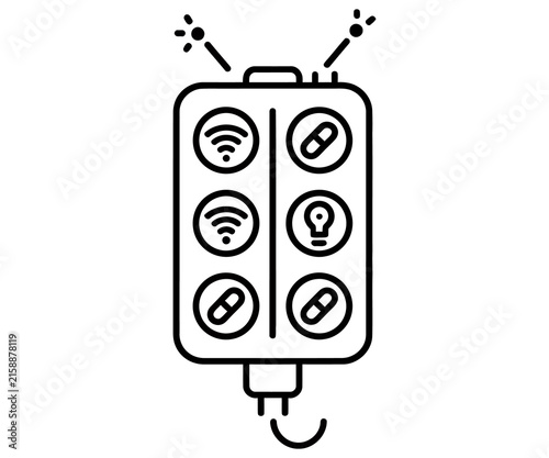 Minimalist smart home power strip icon, black line art electrical outlet with wifi and lightbulb symbols, modern IoT device illustration