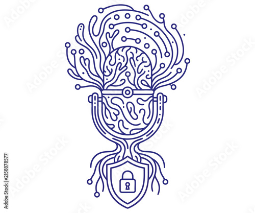 Cybersecurity microphone icon with digital circuit lines. Secure podcasting and AI voice technology concept. Blue line art illustration.