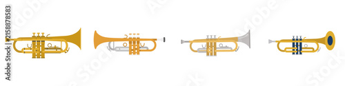 Canvas Print Set of four brass trumpet musical instrument vectors isolated on white backgroun