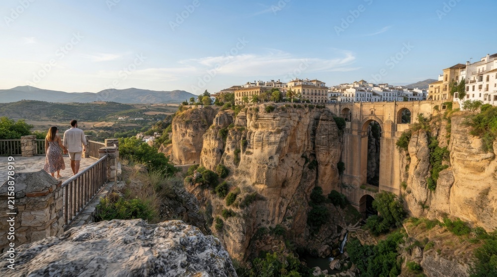 Fototapeta premium Scenic view of cliffside town with historic architecture overlooking lush valley in daylight