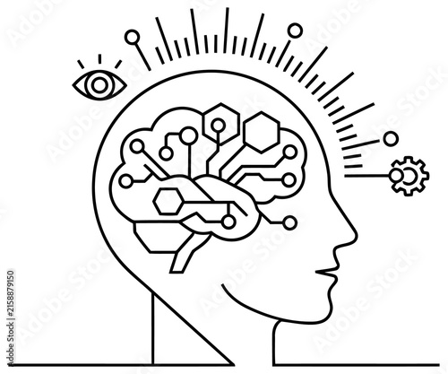 Artificial intelligence line icon, human head with digital brain circuitry, machine learning and cognitive computing concept