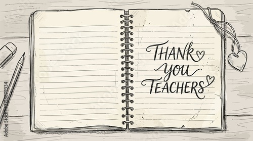 An open spiral notebook resting on a wooden surface displays a handwritten message expressing gratitude to teachers with a decorative pen nearby today