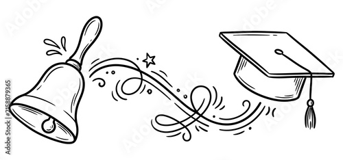 A black and white line art illustration featuring a traditional handbell and a graduation cap connected by decorative swirls for a school theme