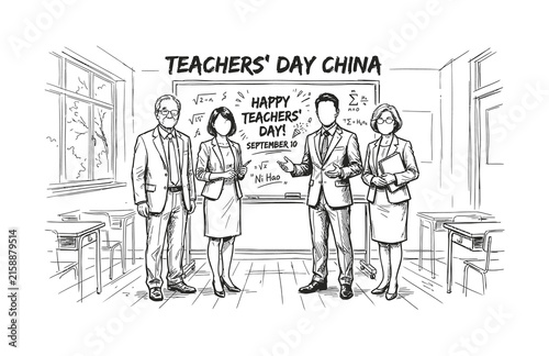 A black and white line drawing depicting four professional teachers standing in a classroom setting in front of a chalkboard celebrating teachers day china