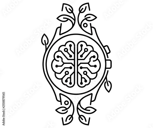 Minimalist digital brain watch icon, black line art smartwatch with circuit board brain and organic leaves, eco technology concept