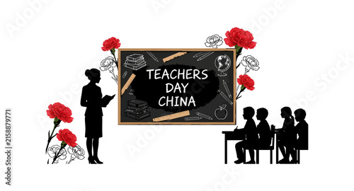 A festive teachers day celebration graphic featuring silhouettes of a teacher and students with red flowers surrounding a central chalkboard with elegant text