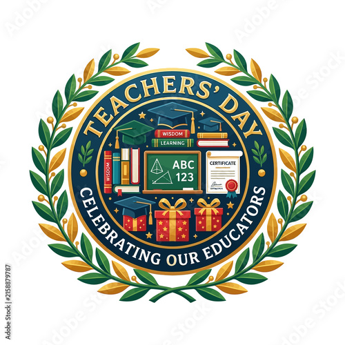 A festive circular emblem for teachers day featuring a chalkboard books and gift boxes surrounded by a decorative laurel wreath on white background