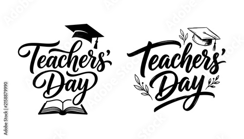 Two creative black and white typography designs for teachers day featuring a graduation cap and an open book on a clean white background