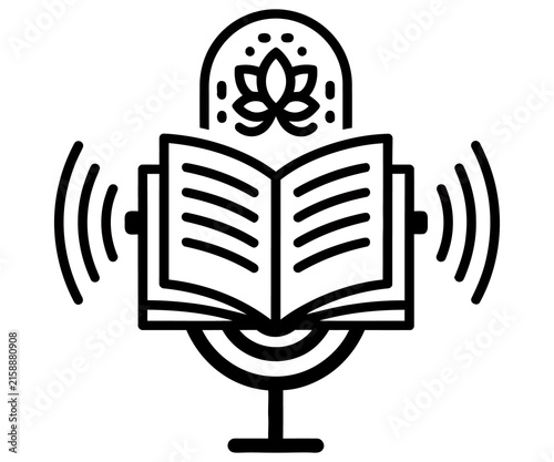 Minimalist podcast icon with open book and lotus flower, black line art audiobook logo, spiritual storytelling and education symbol