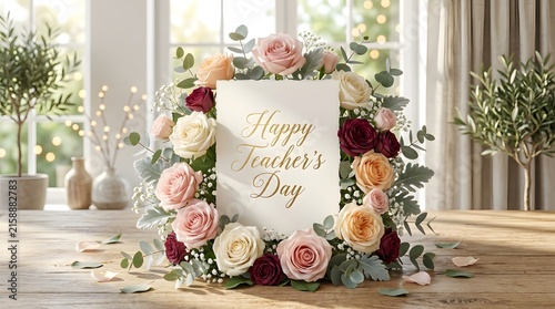 Happy Teacher's Day greeting card decorated with rose flowers wreath on a wooden table