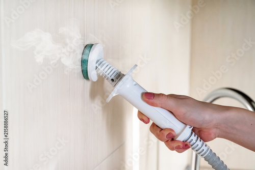 Cleaning a kitchen sink with a handheld steam cleaner during a home cleaning session