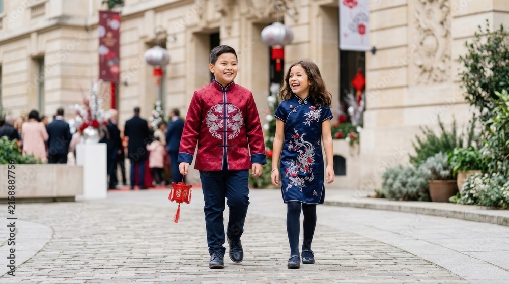 Naklejka premium Joyful children in traditional Chinese attire celebrating a festive occasion outdoors