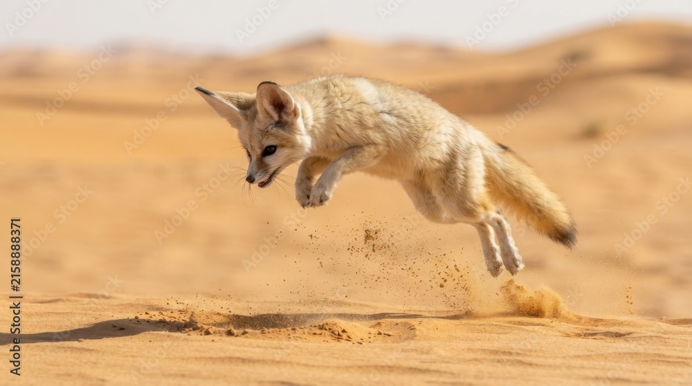 Naklejka premium Small desert fox leaps through sand dunes with ears perked
