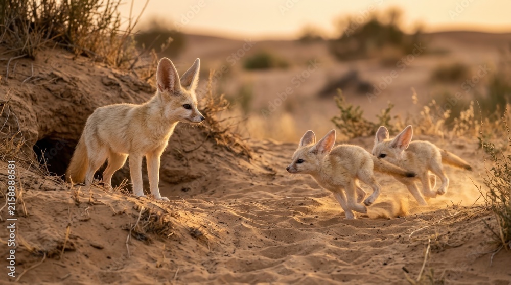 Naklejka premium Fennec foxes playing in the desert sand at sunset
