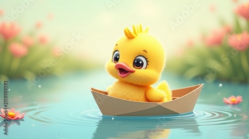 Patito de dibujos animados flotando en un pequeño barco de papel, con plumaje esponjoso de color amarillo brillante