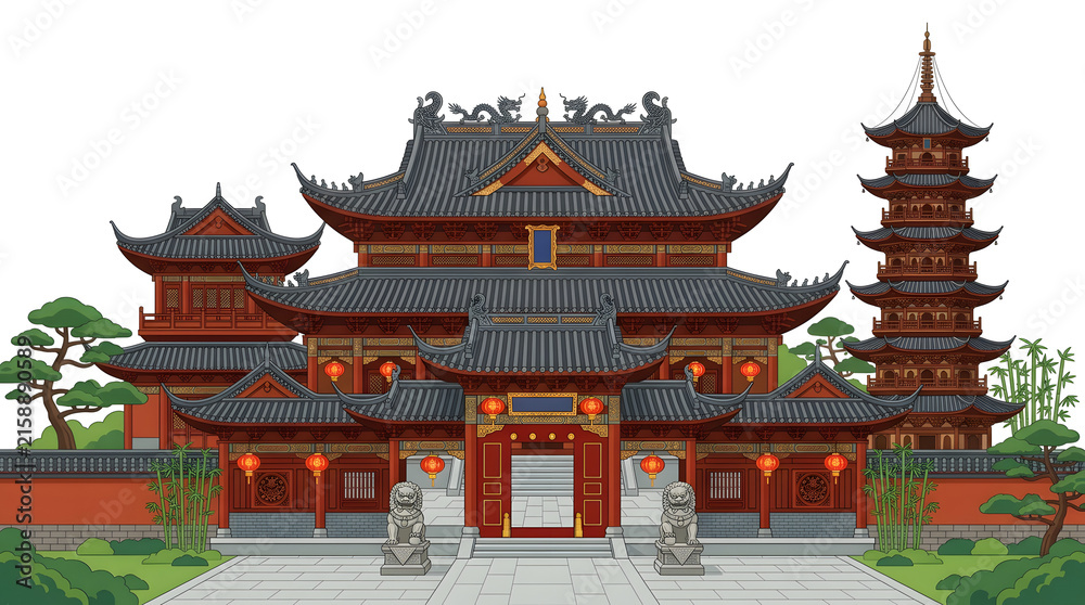 Fototapeta premium Traditional Chinese Temple with Pagoda and Courtyard