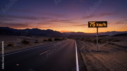 Desert Highway Speed Sign At Sunset Dusk With Mountain Silhouette