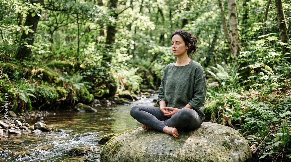 Obraz premium Woman Meditating on a Rock in a Serene Forest with Tranquil Stream Flowing Nearby
