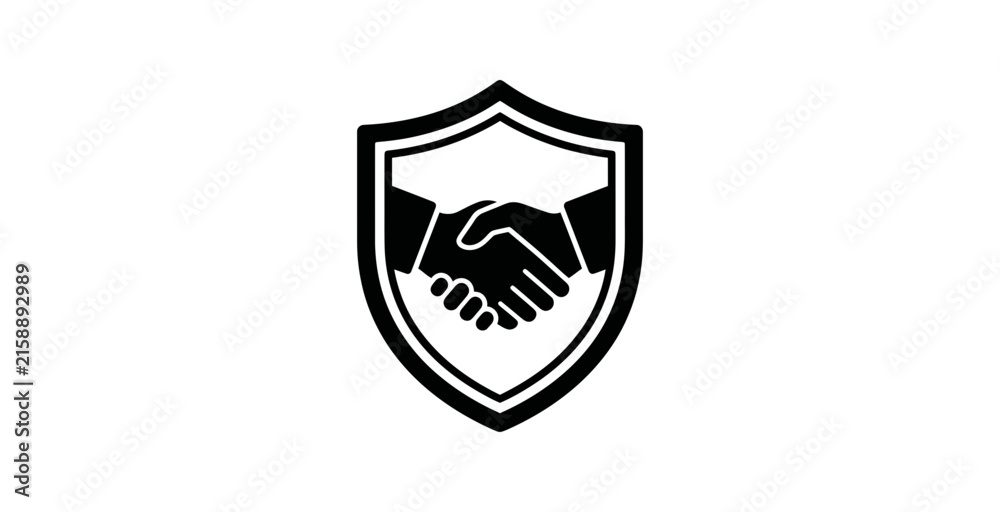 Naklejka premium Black and white shield emblem featuring a handshake symbolizing trust and partnership.