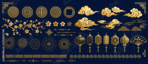 Chinese elements. Asian new year gold decorative patterns and lanterns, flowers, clouds and ornaments traditional oriental style vector set. Asian chinese oriental elements to holiday illustration