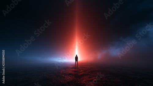 Silhouette of Person Facing Glowing Vertical Light Portal in Dark Landscape