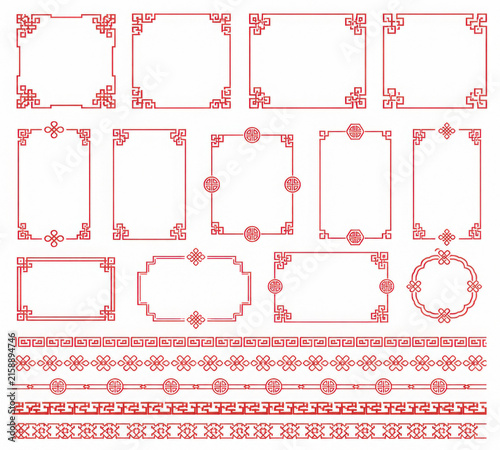 Red Asian red knot frames and borders. Korean, chinese and japanese knot vector embellishment. Chinese red pattern ornaments and asian oriental corner frames or geometric borders