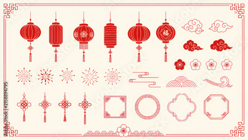 Traditional chinese new year elements, asian oriental ornaments. Japanese festive decorations, clouds, flowers and patterns vector set. Illustration of traditional chinese lunar symbol and elements