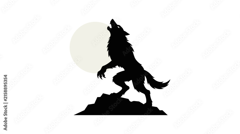 Naklejka premium Halloween Black howling wolf silhouette illustration, wild dog wolfing at full moon, animal profile icon isolated on White Background vector