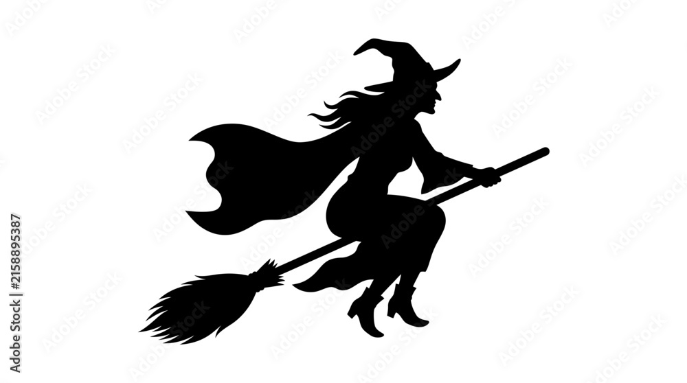 Fototapeta premium Halloween Halloween witch silhouette vector. Magic broomstick flying fairy tale character. Black magic spell night flying icon design element for holiday decoration. Festival symbol outline.