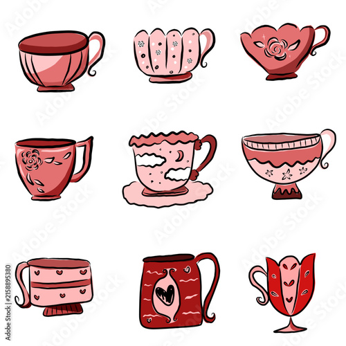 Pink Vintage Tea and Coffee Cup illustration Collection 
