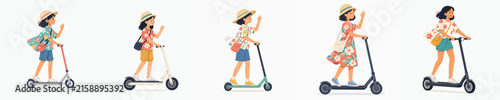 Vector illustration of a little girl riding a scooter, wearing a summer outfit