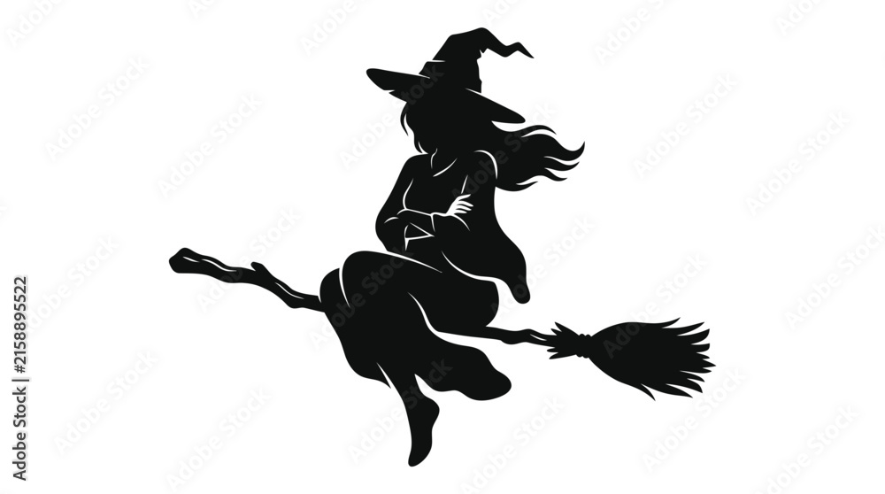 Fototapeta premium Halloween Halloween Witch Flying Silhouette Vector Icon, Spooky Broom Ride, Magic Halloween Decoration, Fantasy Character Silhouette, Black Horror Symbol
