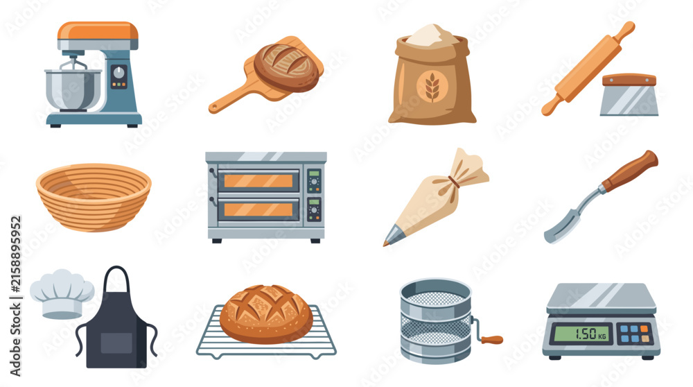 Fototapeta Professional bakery equipment set with kitchen tools appliances and fresh bread