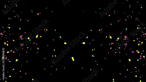 Confetti falling animation, colorful metallic paper pieces raining down during a festive party celebration. realistic confetti shower effect flying air on black screen background.