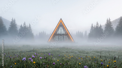 Modern triangle house with illuminated frame standing in thick morning mist surrounded by a meadow of purple and yellow wildflowers.