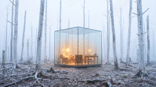 A transparent glass structure containing armchairs, desks, and glowing lamps stands in a misty winter forest with bare dead trees.