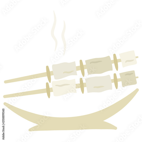 Minimal illustration of grilled satay skewers served on a curved plate with subtle steam rising above the food.
