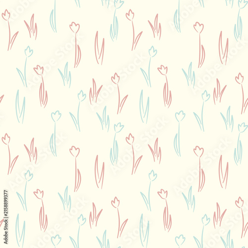 Delicate seamless pattern featuring hand-drawn pastel tulips and slender leaves arranged across a soft cream background.