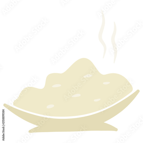 Minimal flat illustration of a steaming bowl of cooked rice served on a simple curved plate.