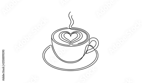 Continuous one line coffee cup with heart latte art minimalist vector icon