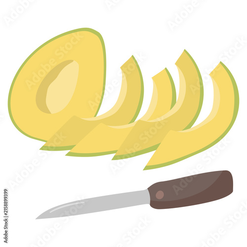 Flat illustration of a sliced avocado beside a kitchen knife, showing creamy green flesh and a large pit.