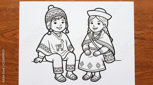 Andean children in Peruvian ponchos coloring page mockup.
