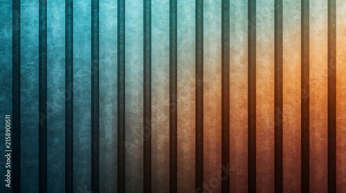 Industrial grooved metal panel texture background with blue and orange gradient lighting background vertical