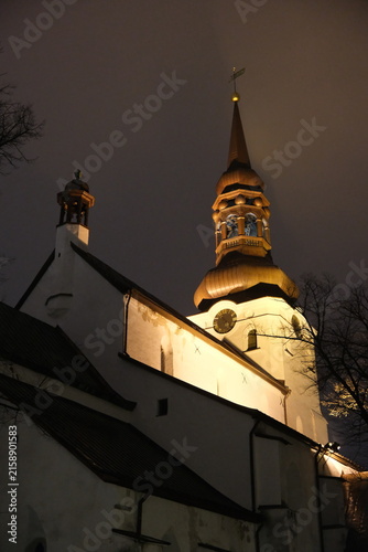 Low-angle view of the illuminated facade and baroque clock tower spire of Tallinn St Mary's Cathedral at night.