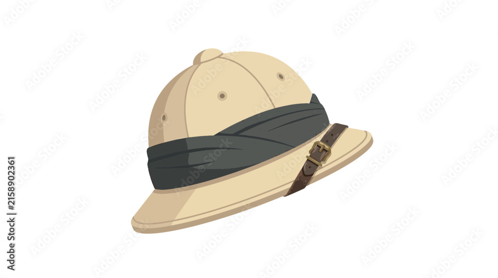 Fototapeta premium Beige pith helmet features a dark fabric band and brown leather buckle for classic exploration style
